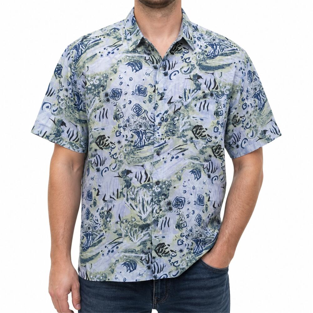 Summa Silk Shirt Mens Large Blue Green Abstract Fish Button Up Hawaiian Summer